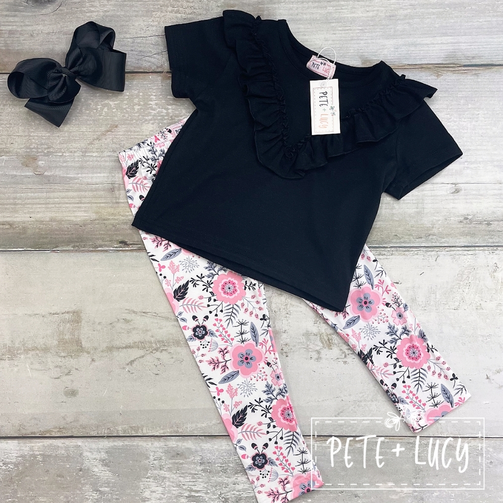 Bianca collection two piece set black pink florals shirt pants kids clothing